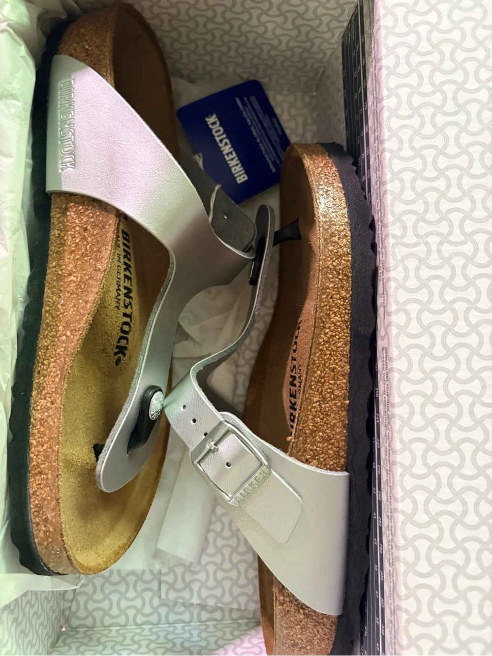 NWT Birkenstock White Gizeh Thong Sandal with Silver Buckle